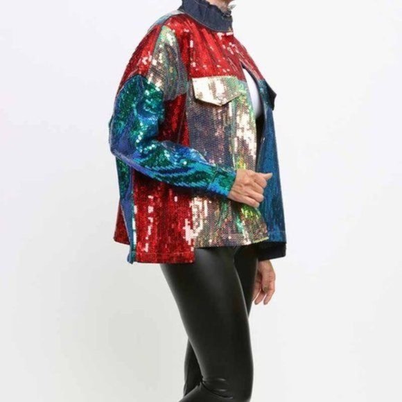 Callie Lives Celebration: Multi-Color Block Sequin Denim Jean Jacket M/L/XL - Picture 5 of 12